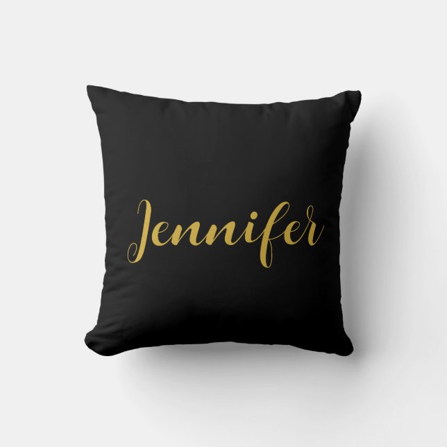 Modern Minimalist Calligraphy Name Black Gold Cushion (Front)