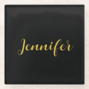 Modern Minimalist Calligraphy Name Black Gold Glass Coaster