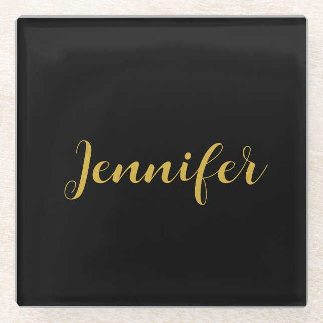Modern Minimalist Calligraphy Name Black Gold Glass Coaster (Front)