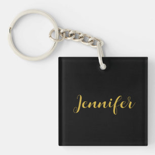 Modern Minimalist Calligraphy Name Black Gold Key Ring