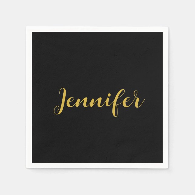 Modern Minimalist Calligraphy Name Black Gold Napkin (Front)