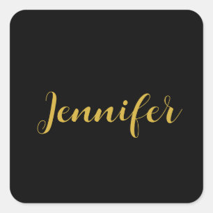 Modern Minimalist Calligraphy Name Black Gold Square Sticker