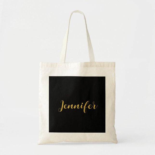 Modern Minimalist Calligraphy Name Black Gold Tote Bag (Front)