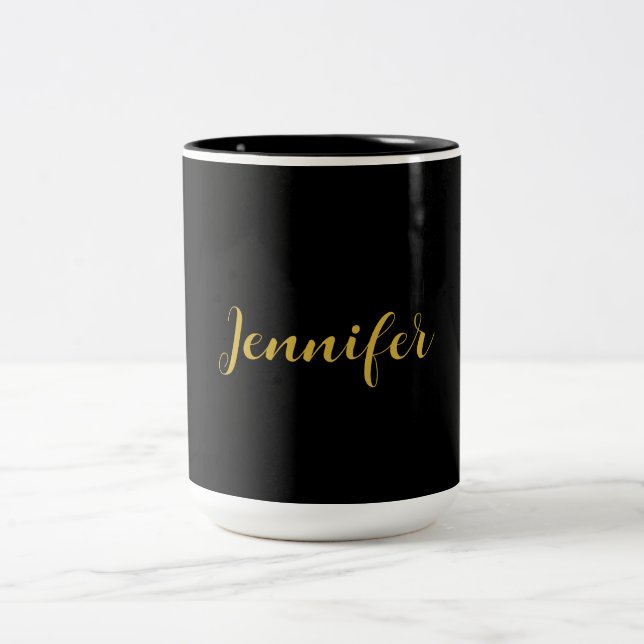 Modern Minimalist Calligraphy Name Black Gold Two-Tone Coffee Mug (Center)