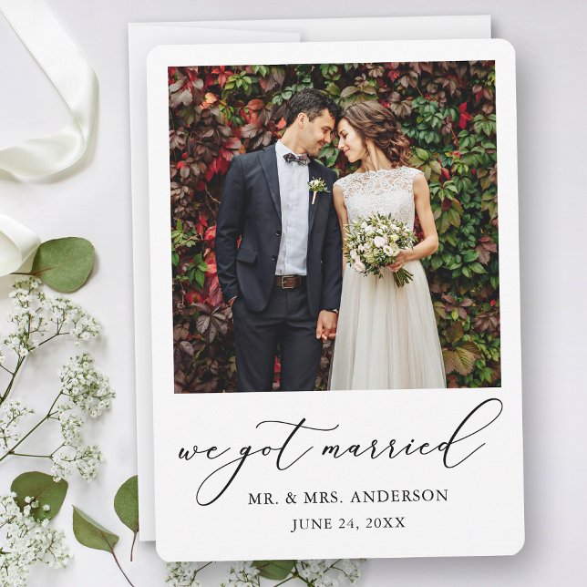 Modern Minimalist Calligraphy Photo Wedding Announcement (Customize to add text or more photos to back of card.)