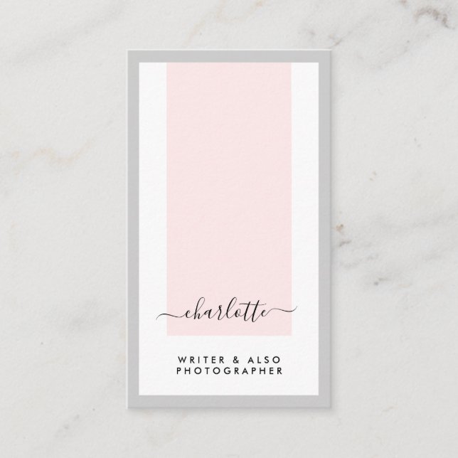 Modern Minimalist Calligraphy Pink & Grey Vertical Business Card (Front)