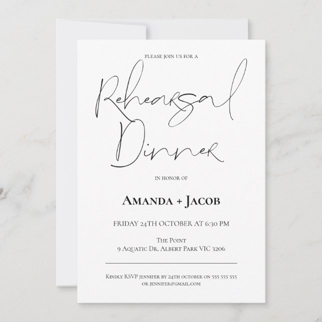 Modern Minimalist Calligraphy Rehearsal Dinner Invitation (Front)
