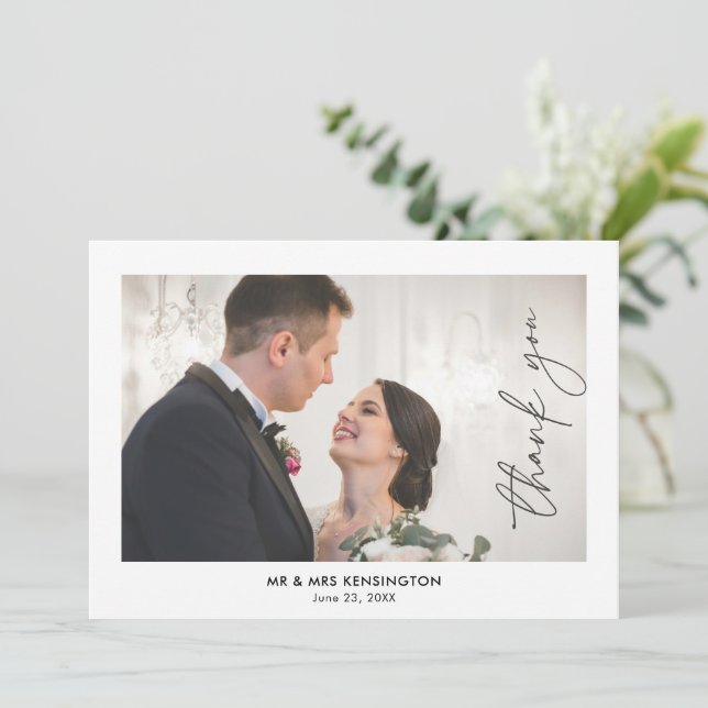 Modern Minimalist Calligraphy Script Photo Wedding Thank You Card (Standing Front)