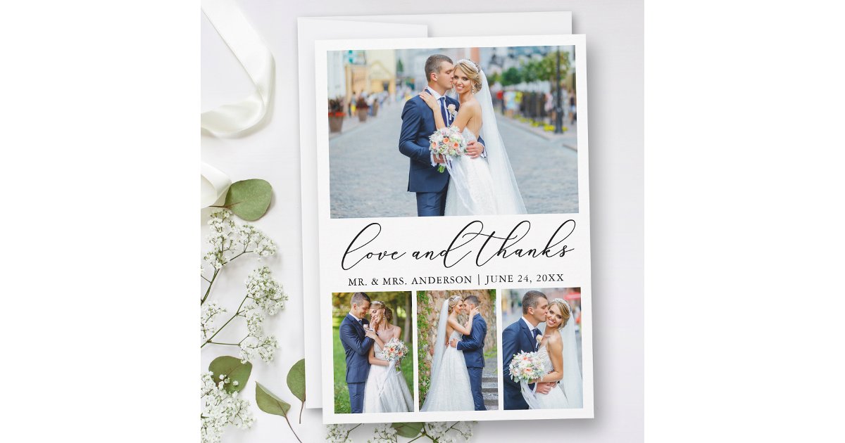 Modern Minimalist Calligraphy Wedding 4 Photo Love Thank You Card | Zazzle