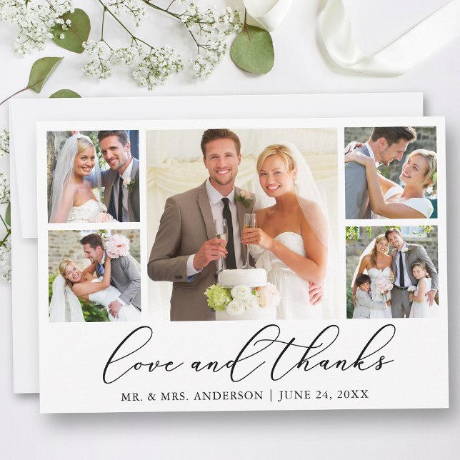 Modern Minimalist Calligraphy Wedding 5 Photo Love Thank You Card (Customize to add text or more photos to back of card.)