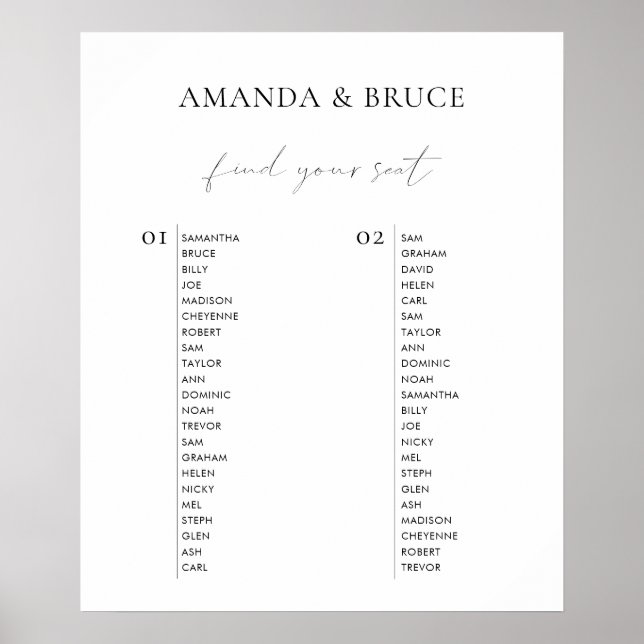 Modern Minimalist Calligraphy Wedding Seating Poster (Front)