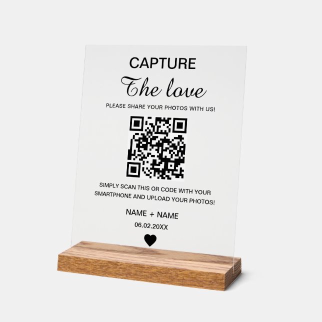 Modern Minimalist Capture The Love QR Code Wedding Acrylic Sign (Angle)