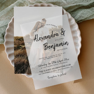 Modern minimalist casual script wedding overlay vellum invitations