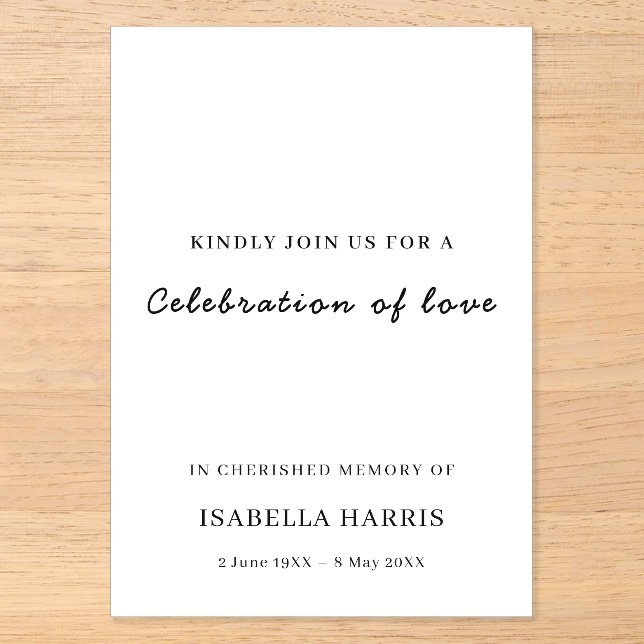 Modern Minimalist Celebration of Life Design Acrylic Invitations (Front)