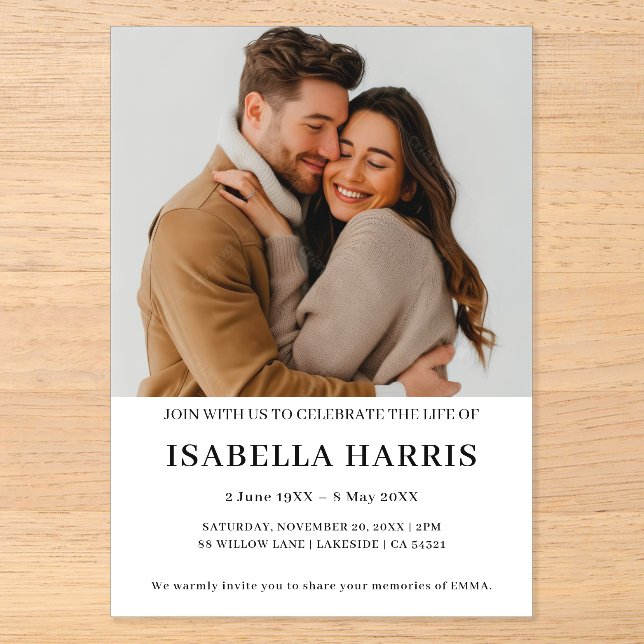 Modern Minimalist Celebration of Life Design Acrylic Invitations (Front)