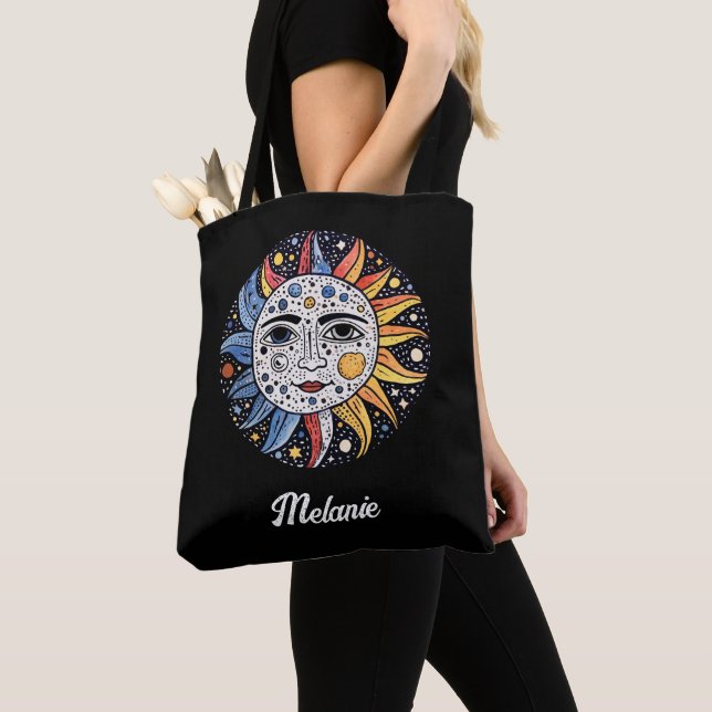 Modern Minimalist Celestial Sun Moon Monogram Tote Bag (Close Up)