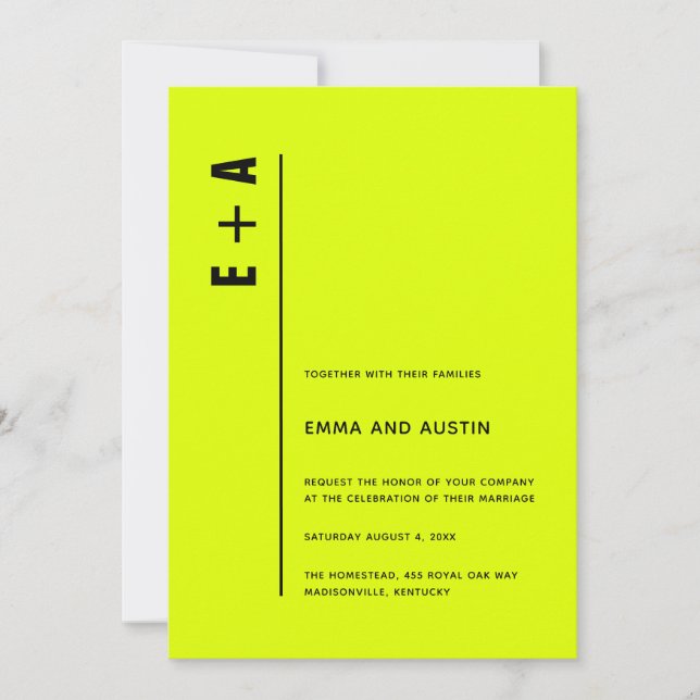Modern Minimalist Chartreuse Bold Initials Wedding Invitation (Front)