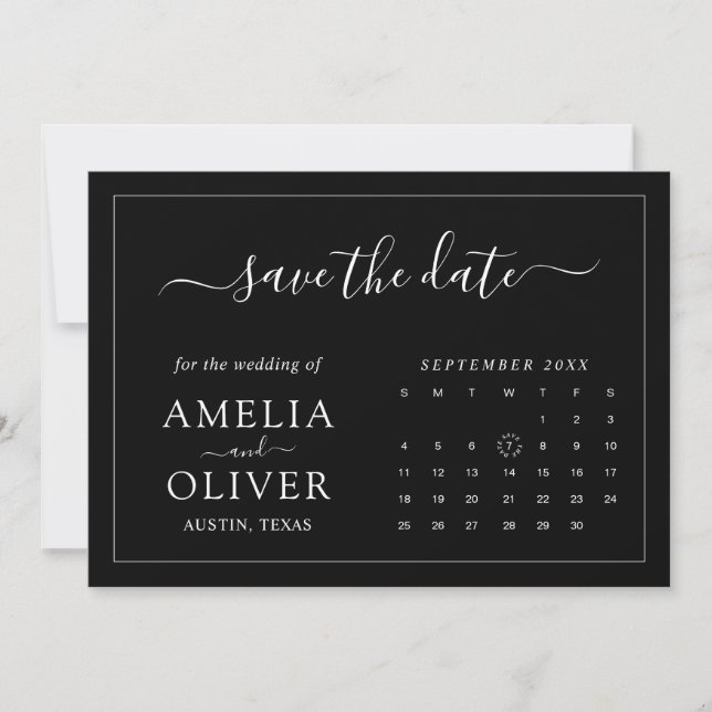 Modern Minimalist Chic Bold Black Calendar Wedding Save The Date (Front)