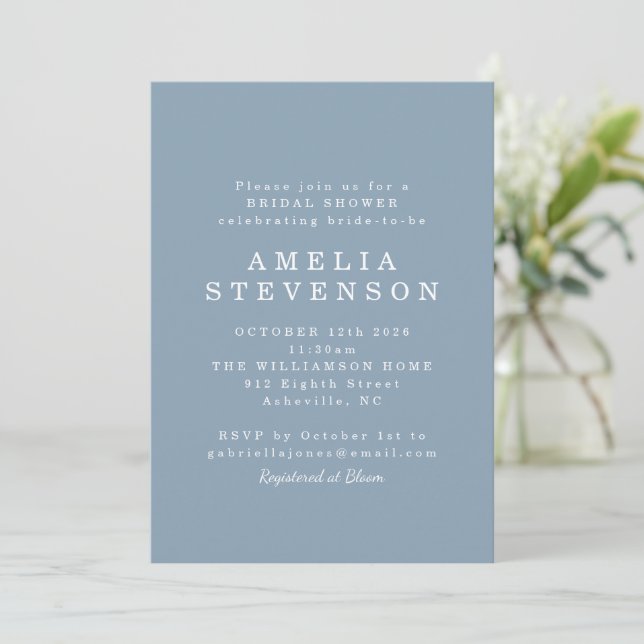 Modern Minimalist Chic Bridal Shower Dusty Blue Invitation (Standing Front)