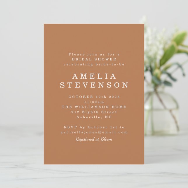 Modern Minimalist Chic Bridal Shower Terracotta Invitation (Standing Front)