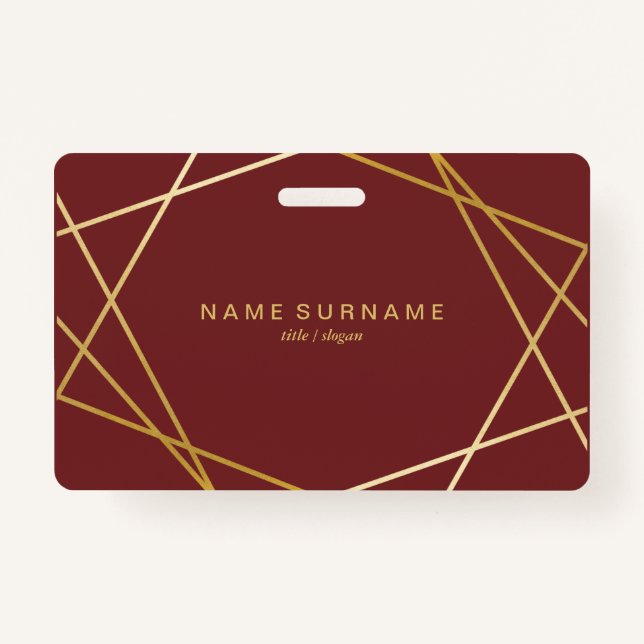 Modern Minimalist Chic Geometric Gold Burgundy ID Badge (Front)
