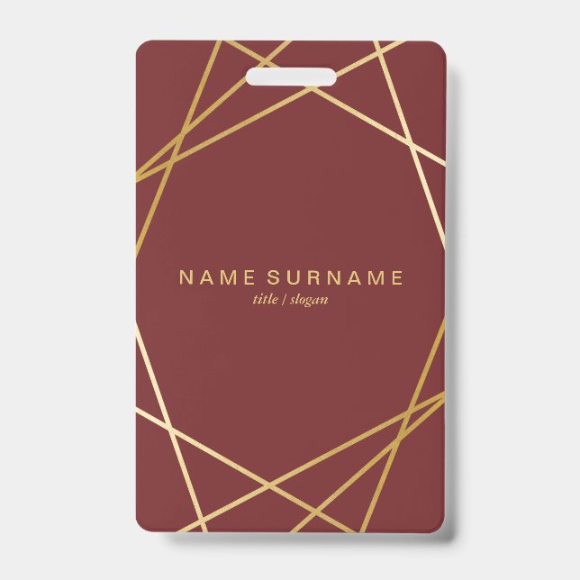 Modern Minimalist Chic Geometric Gold Burgundy ID Badge (Front)