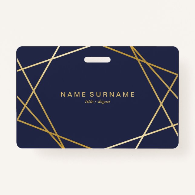Modern Minimalist Chic Gold Geometric MidnightBlue ID Badge (Front)