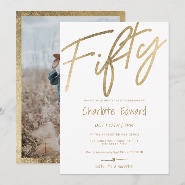 Modern minimalist chic gold photo surprise fifty invitation (Front/Back)