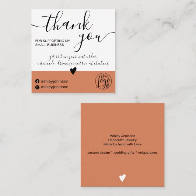 Modern minimalist chic pink block order thank you square business card (Front/Back)