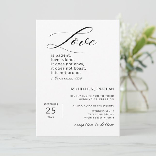 Modern Minimalist Christian Bible Verse Wedding Invitation (Standing Front)