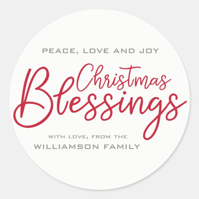 Modern & Minimalist Christmas Blessings Red White Classic Round Sticker (Front)