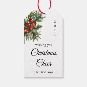 Modern Minimalist Christmas Branch and Red Berries Gift Tags
