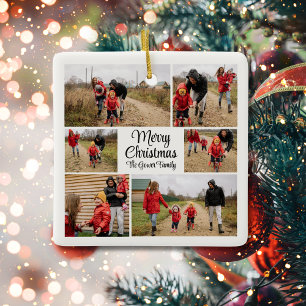 Modern Minimalist Christmas Family Collage Ceramic Ornament