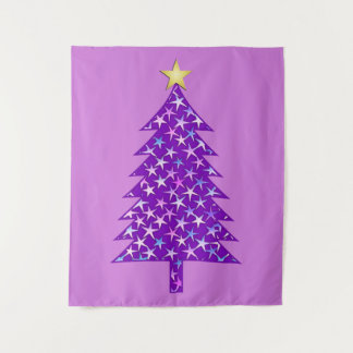 Modern Minimalist Christmas Tree in Purple Stars Tapestry