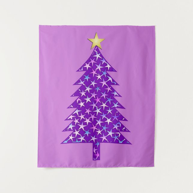 Modern Minimalist Christmas Tree in Purple Stars Tapestry (Front)