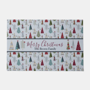 Modern Minimalist Christmas Tree Pattern Blue Red Doormat