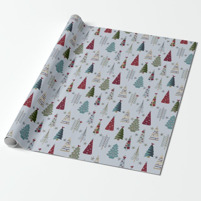 Modern Minimalist Christmas Tree Pattern Blue Red Wrapping Paper (Unrolled)