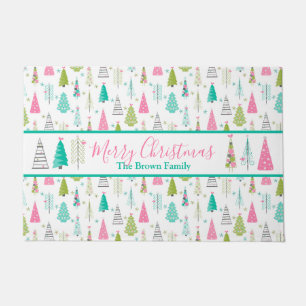 Modern Minimalist Christmas Tree Pattern Pink Teal Doormat