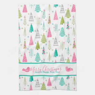Modern Minimalist Christmas Tree Pattern Pink Teal Tea Towel