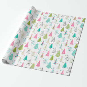 Modern Minimalist Christmas Tree Pattern Pink Teal Wrapping Paper