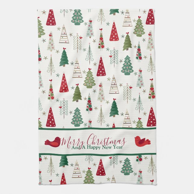 Modern Minimalist Christmas Tree Pattern Red Green Tea Towel (Vertical)