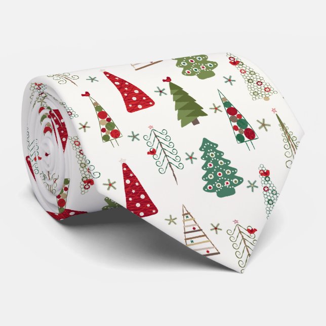 Modern Minimalist Christmas Tree Pattern Red Green Tie (Rolled)