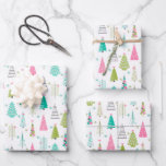 Modern Minimalist Christmas Tree Pink Teal Wrapping Paper Sheet<br><div class="desc">This wrapping paper sheets have a Christmas pattern of Christmas trees is designed in a modern Swedish minimalist style in retro pink and teal colours. There are 8 different Christmas trees total, some with holiday ornaments and some without. There is also a little pink birds floating around the design too....</div>