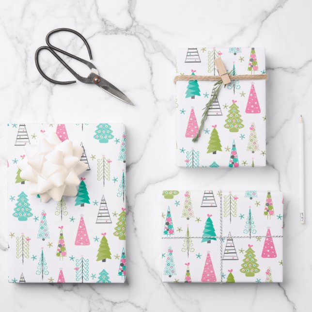 Modern Minimalist Christmas Tree Pink Teal Wrapping Paper Sheet (Front)