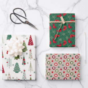Modern Minimalist Christmas Tree Set Red Green Wrapping Paper Sheet