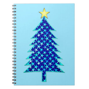 Modern Minimalist Christmas Tree with Blue Stars Notebook