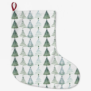 Modern Minimalist Christmas Trees Doodles Large Christmas Stocking