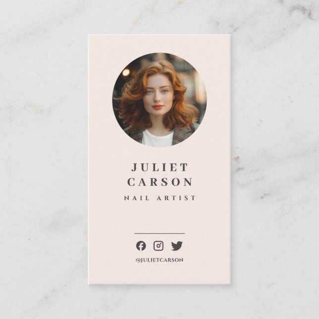 Modern Minimalist Circle Photo QR Code Nail Artist Business Card (Front)