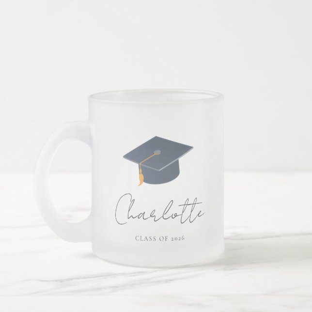 Modern Minimalist Class of 2026 Grad Hat Frosted Glass Coffee Mug (Left)