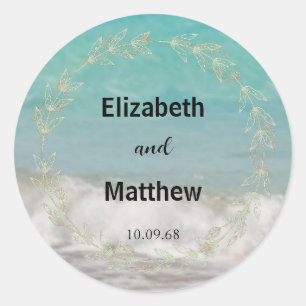 Modern Minimalist classic overlay Beach wedding Round Sticker